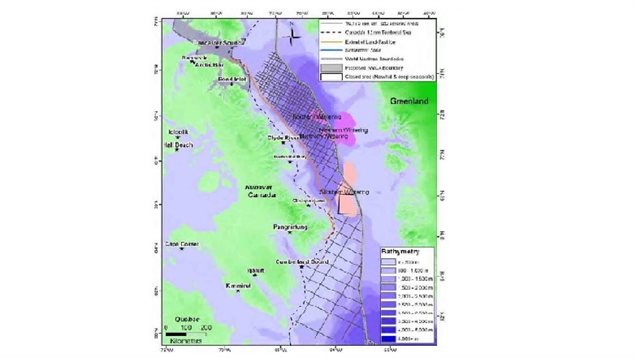 The cross-hatched area indicates zones to be extplored by the seismic tests. The pink and coral areas indicated known gathering spots for Narwhal in winter 