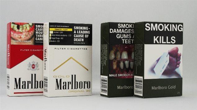 Examples of Australian packaging before and after plain packaging rules came into effect in 2012. The new style removes attractive colours, logos, designs, and allows only the company and brand style in generica lettering against an olive drab background