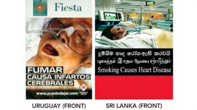 Many other countries around the world have adopted various levels of warnings and photos to discourage smoking. such as Uruguay and Sri Lanka shown.