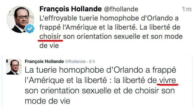 Petite bourde du Président français sur Twitter, en réaction à la tuerie d'Orlando Petite bourde du Président français sur Twitter, en réaction à la tuerie d'Orlando