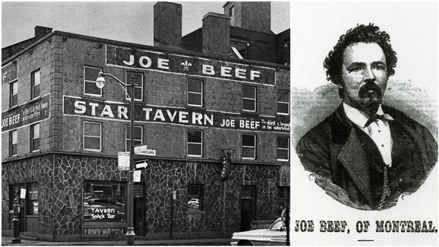 La taverne Joe Beef en 1962, au coin de la rue de la Commune et de la rue de Callière; dessin de Charles McKiernan, alias Joe Beef. La taverne Joe Beef en 1962, au coin de la rue de la Commune et de la rue de Callière; dessin de Charles McKiernan, alias Joe Beef.