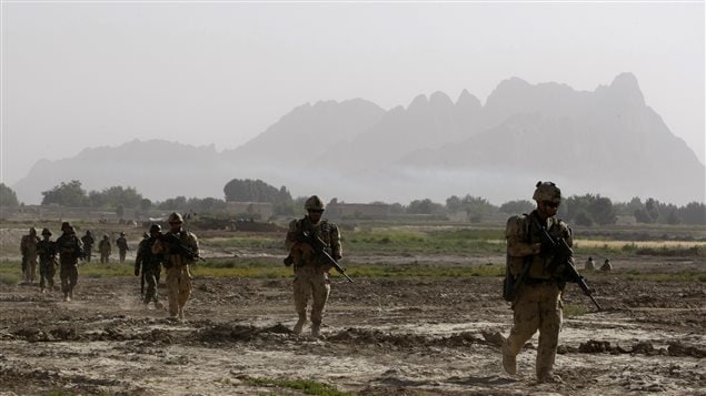  Canadian soldiers from 4th platoon, Bulldog company 1st Battalion, Royal 22nd Regiment walk during a patrol in the Panjwai district of Kandahar province southern Afghanistan, June 16, 2011.