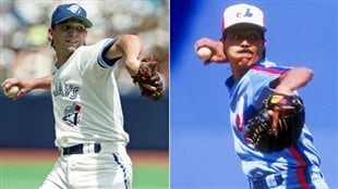 Former Blue Jays pitcher Pat Hentgen, left, will join Martinez at the Canadian Baseball Hall of Fame ceremonies in St. Marys, Ont. We see Hentgen in a milk white Blue Jays uniform with blue trim. His right arm is behind his right shoulder as he prepares to deliver a pitch. He has a relatively passive look on his face as opposed to Martinez, who is basically in the same position but with his mouth very much scrunched up. He wears the old blue Expos uniform.