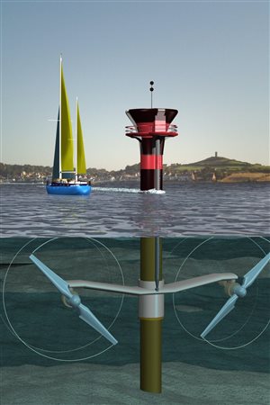 An artist’s rendition shows how giant turbines could harness some of the world’s most powerful tides.