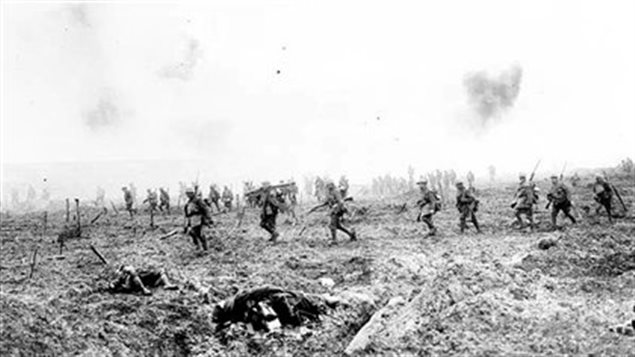 Canadians advance over bodies and through German barbed wire as deadly shrapnel shells explode above. Canadian took the ridge where British and French had failed.