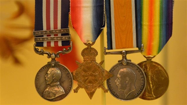 Sgt Francis Pegahmagabow is one of only 38 Canadians to be decorated with the Military Medal with two bars, awarded for acts of bravery and devotion under fire. From left to right, his medals include the Military Medal with two bars, the 1914-1915 Star, the British War Medal and the Victory Medal (1914-1918). 