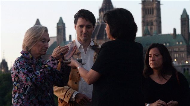 Prime Minister Justin Trudeau was joined by Indigenous and Northern Affairs Minister Carolyn Bennett, left, and Minister of Justice and Attorney General of Canada Jody Wilson-Raybould, right, at the National Aboriginal Day Sunrise Ceremony.
