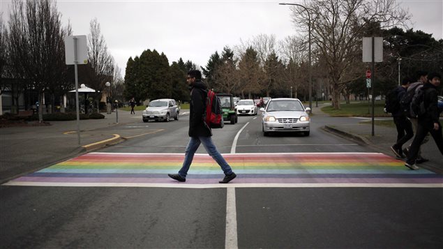 The western city of Victoria painted a crosswalk in pride colours in January after it announced the world’s only chair in transgender studies at the University of Victoria.