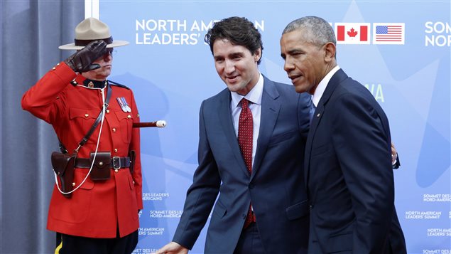  Prime Minister Justin Trudeau, left, welcomes U.S. President Barack Obama to the North American Leaders’ Summit in Ottawa, Wednesday June 29, 2016. 
