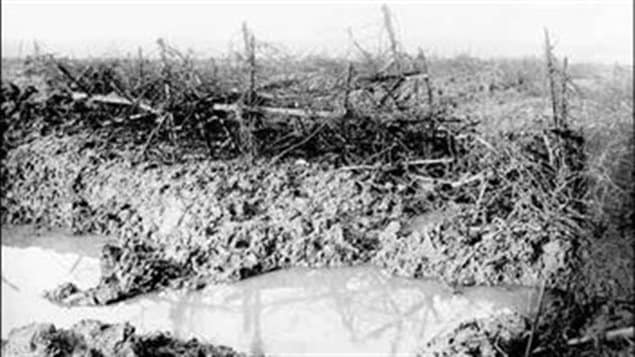 Mud, craters and barbed-wire at Beaumont-Hamel 1916, and typical of many areas along the frontThe Newfoundlander had to cross their own barbed wire and that of the Germans, in clear site of enemy machine guns