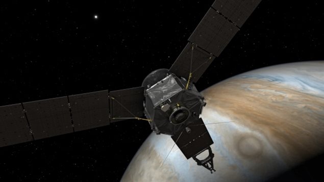 Concepto artístico de Juno acercándose a Jupiter.