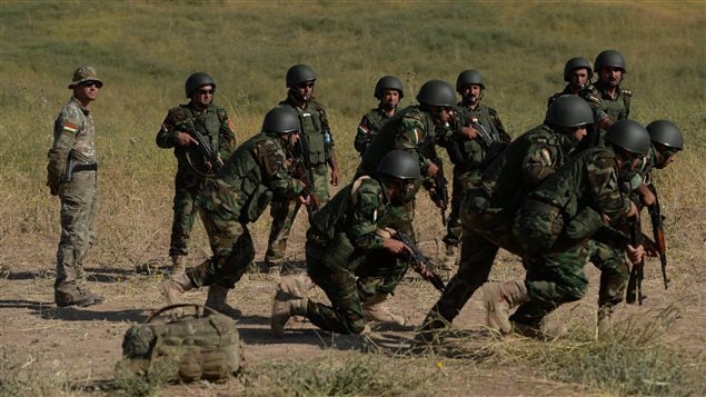  A Canadian soldier directs Kurdish soldiers in a drill as part of Canada’s Advise and Assist mission 40 km west of Erbil, Iraq, on Saturday, May 2, 2015.