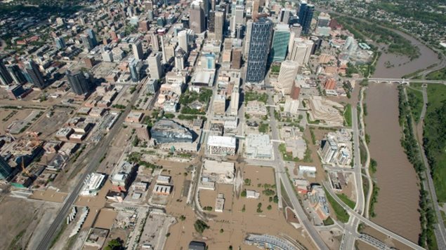 A flooded downtown Calgary is seen from a aerial view of the city June 22, 2013. Other areas also suffered great damage elsewhere such as the town of High River to the south which was entirely evacuated.