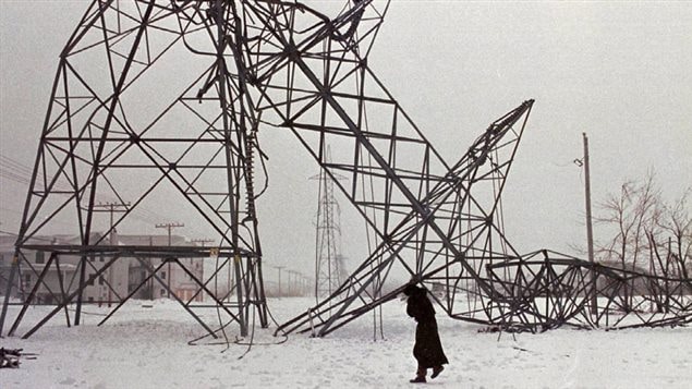 One of the more famous photos of the 1998 ice storm, A downed power pylon in St Constant Quebec. The weight of the ice on the lines proved too much for many of the pylons, and other telephone and power poles throughout the region meaning lost poser to thousands of homes and businesses, in some case, for weeks.