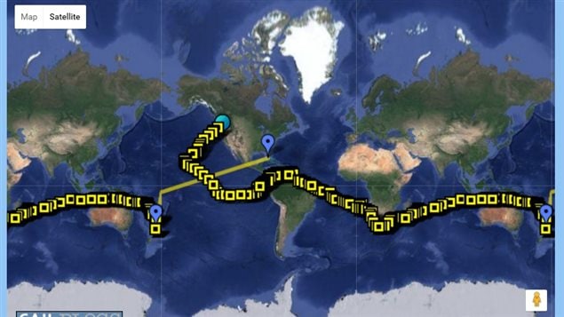 An image of the SV Terrwyn voyage from their *sailblog*, Clicking on each yellow square (on the sailblog site) brings up a log entry for that day and location.