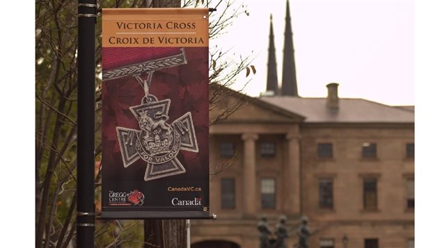 The banner that will be hung along with images of the ten Canadians, one from each province, awarded the VC and selected from the almost one hundred Canadians awarded the VC since its inception.