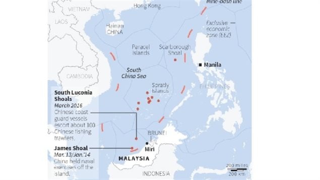 Six regional governments have overlapping claims, but China’s *nine dasy line* (red) greatly infringes on all of them (claimed areas are shown in faint grey lines). The area sees several trillion dollars in shipping, and in addition to fishing, there are potential vast resources in oil and gas