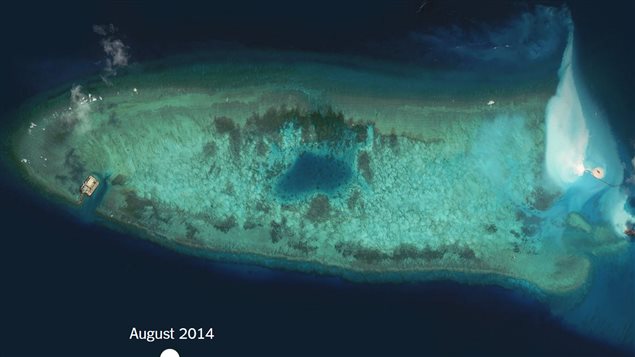 China’s artificial islands from underwater reef in August 2014,.....