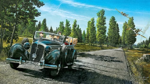 A painting by Lance Russwurm shows the Canadian Spitfire (with D-day wing markings) making the strafing attack that ended the career of one of Germany’s best senior commanders who controlled the Normandy front.
