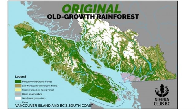 Green shows the extent of the original old forests on Vancouver Island and along the mainland coast below the Great Bear Rainorest agreement.