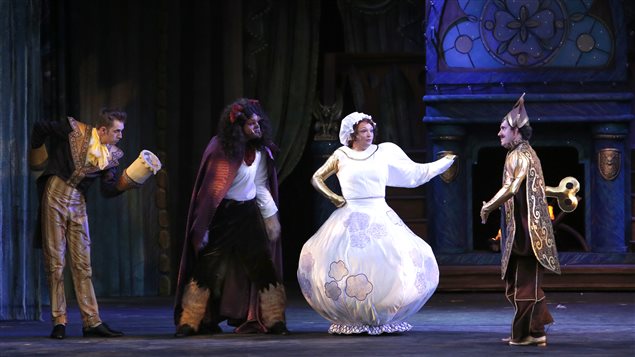 Peter Monaghan (The Beast), Victor Hunter (Lumiere) Steven Greenfield (Cogsworth) and Sheryl Anne Wheaton (Mrs. Potts) 