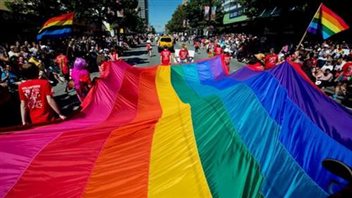 The rainbow flag was front and centre in Vancouver in 2014. We see the rainbow flag of (from left to right) pink, red, orange, yellow, green, light blue, royal blue and purple unfurled and stretched out and being carried down the street.