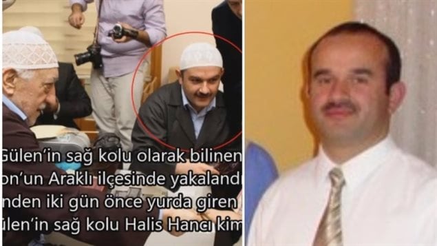 The picture circulating in the Turkish media shows a man purported to be Davud Hanci with Fethullah Gulen (left), and a family photo showing Hanci (right). We see on the left, a elderly man dressed in a white skull cap. To his left sits a younger man, dressed likewise. The younger man has a dark moustache, but it is extremely difficult to determine if it is the same man shown in the family photo on the right.