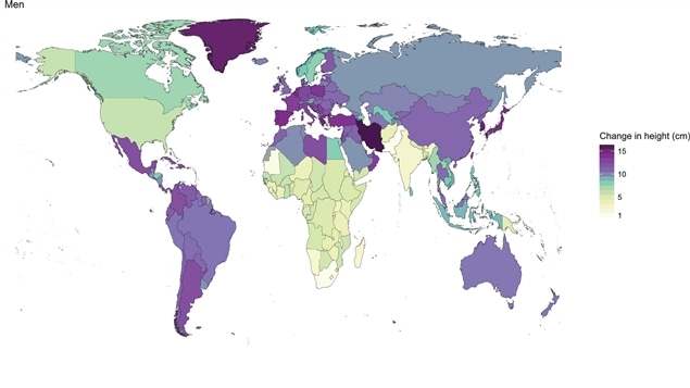 Variation de la grandeur des hommes dans le monde entre 1914 et 2014