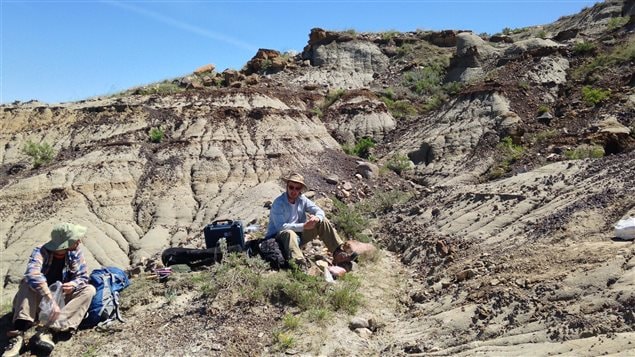 Jordan Mallon and colleague Scott Rufolo pause during fieldwork prospecting for fossils in the badlands of Alberta in western Canada.
