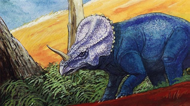 An artists’ concept of Centrosaurus shows the horn on its nose and its bony crest.