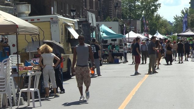 Monkland Avenue is a commercial street in a residential neighbourhood of Montreal. Twice a year, about seven streets are closed off for a weekend and businesses and organizations can rent space to set up kiosks there.