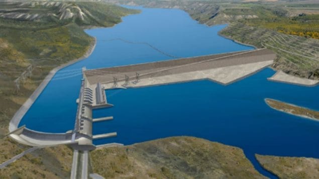 It may look beautiful on paper, but opponents, who now include Amnesty International, say the Site C dam in northern B.C. will have an adverse affect on life in the Peace River area.  We see a drawing of the project which stretches across a vast expanse of deep blue water.