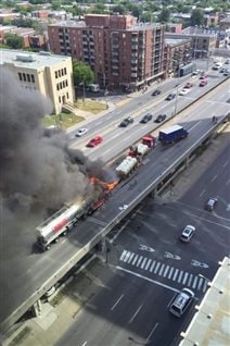 油罐车撞车后爆炸起火浓烟滚滚