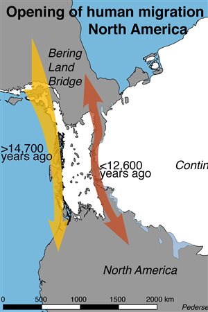 This map illustrates the difference between the time the western corridor could have supported life and the time humans arrived.