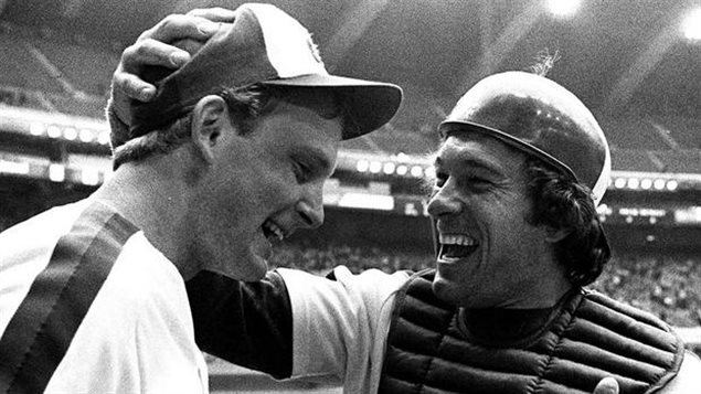 Charlie Lea, left, is congratulated by catcher Gary Carter after Lea pitched a no-hitter, the third in Expos history, against the San Francisco Giants in Montreal, May 10, 1981. We see Lee, looking emotionally spent, accepting a hug from Carter, who is beaming with delight.