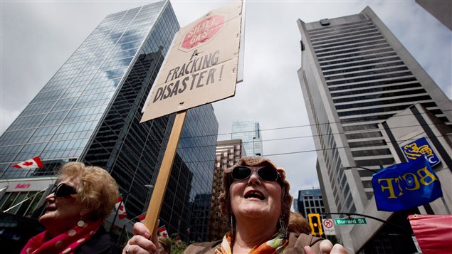 Protesters worried about the effects of fracking marched in the western city of Vancouver on May 23, 2014.