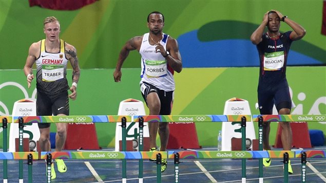 France’s Wilhem Belocian, right, was disqualified from the 110-metre hurdles after a false start.