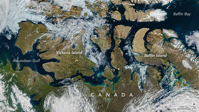  The Visible Infrared Imaging Radiometer Suite (VIIRS) on the Suomi NPP satellite captured this image of the Northwest Passage on August 9, 2016. A path of open water can be traced almost the entire distance from the Amundsen Gulf to Baffin Bay, encountering a scattering of broken ice just east of Victoria Island.