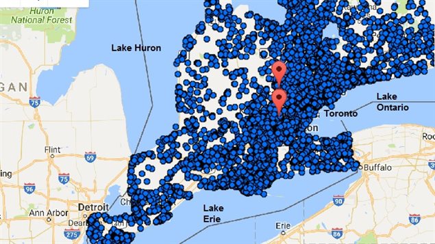 Ontario Ministry of Environment map showing all the permits for water extraction. These include cities and towns, and a variety of commercial and farm uses, equalling trillions of litres of water permits. Red pointers indicate three of Nestle’s permits, two at Aberfoyle, the lower of the red pointers