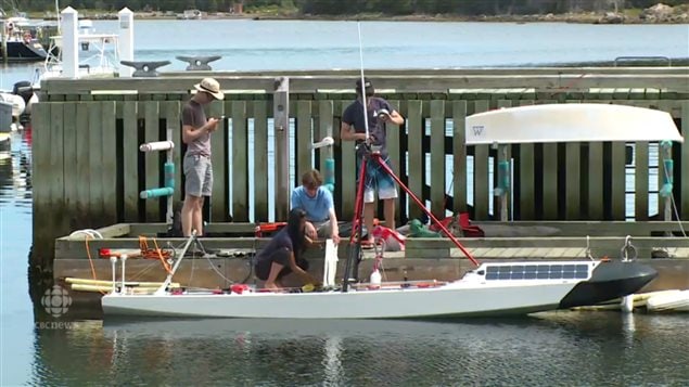 Ada being prepared this week in Conception Bay Newfoundland, showing relative size of the autonomous sailboat or *sailbot*