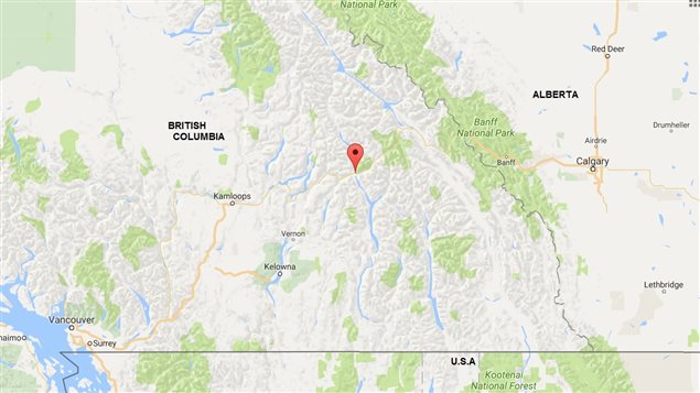Red pointer indicates Revelstoke in the southern interior of British Columbia