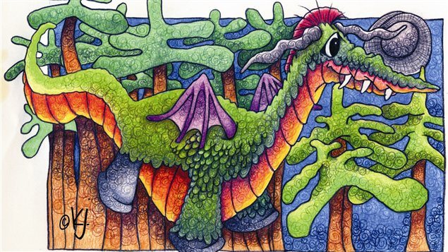 Another example of Karon Argue’s work, a whimsical, brightly coloured dragon in a pine forest.