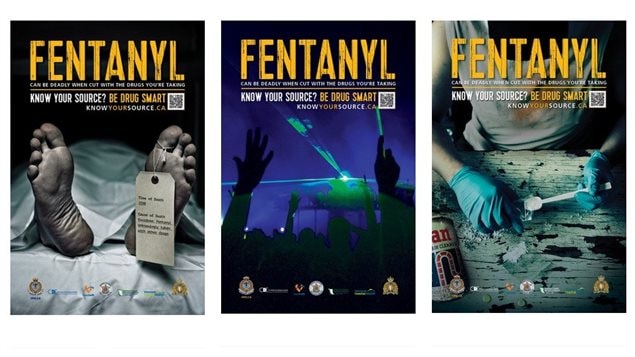 Afiches de la campaña de sensibilización contra el fentanilo en Columbia Británica. 