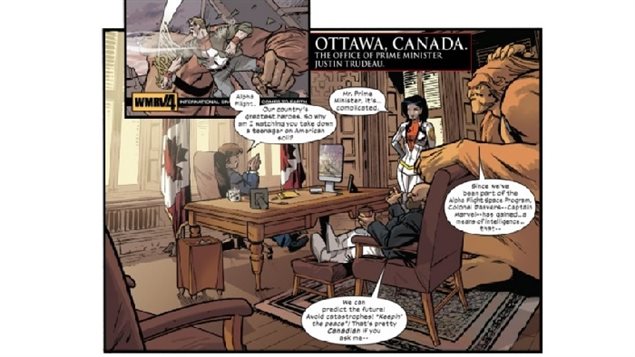 The superhero group come to the Prime Minister’s office at the Parliament buildings in Ottawa, Canada and discuss the ethics of a preemptive strike