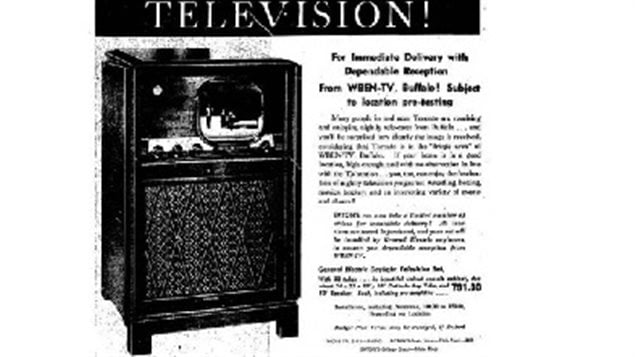 Television- with an exclamation point! Advert in the Toronto Daily Star newspaper in 1949. Though TV was still in ints infancy, and no Canadian station existed, the Eaton’s department store was advertising TV’s adding a technician would come with the set to ensure you got the signal from the US station in Buffalo. The price of $791 in 1949 would be close to $8000.00 in today’s money.