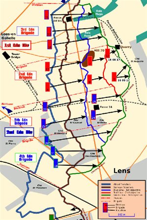 Map of Battle of Hill 70. Loos-en-Gohelle is a small town in the upper left of the map. Hill 70 is the brown oval shape. City of Lens is lower right. Once the hill had been taken, the battle of Lens began