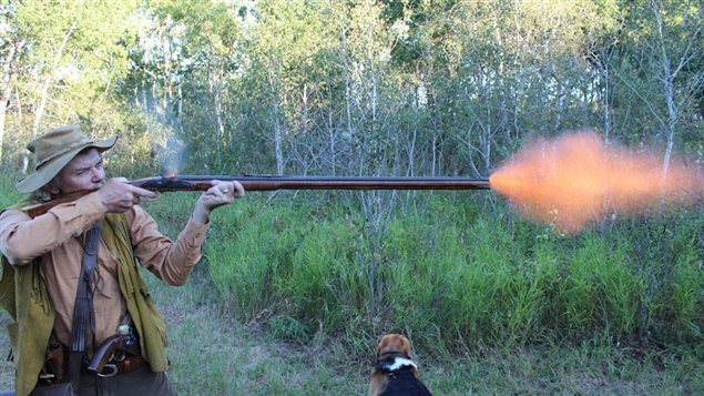 Jake Peters shoots his replica Hatfield .50cal caplock-ignition rifle.