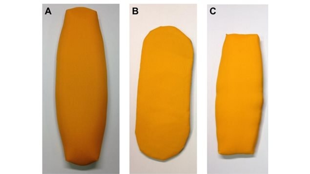 A) Standard oval head, B) icePad head, C)-LightSpeed head...all with Nylon Oxford 420D material, which was found perform as to WCF standards. NRC testing found certain mateirals, textures, inserts, even colour, had a very dramatic effect in altering rock trajectory, and are now deemed unacceptable for competitions