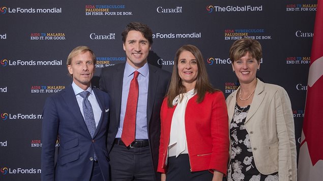 Prime Minister Justin Trudeau (centre) is joined by Dr. Mark Dybul, Executive Director of the Global Fund, Melinda Gates, Co-chair of the Bill & Melinda Gates Foundation, and the Honourable Marie-Claude Bibeau, Minister of International Development and La Francophonie.