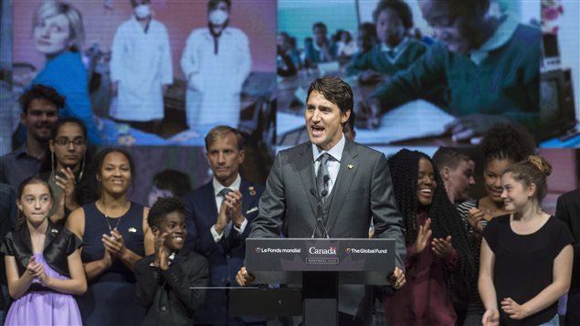  Prime Minister Justin Trudeau addresses the audience during the closing ceremony at the Global Fund conference Saturday, September 17, 2016 in Montreal. 